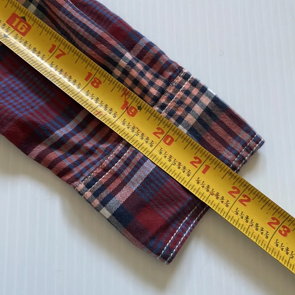 Gap kids burgundy, navy and white plaid button down, cotton shirt.  Boy’s medium